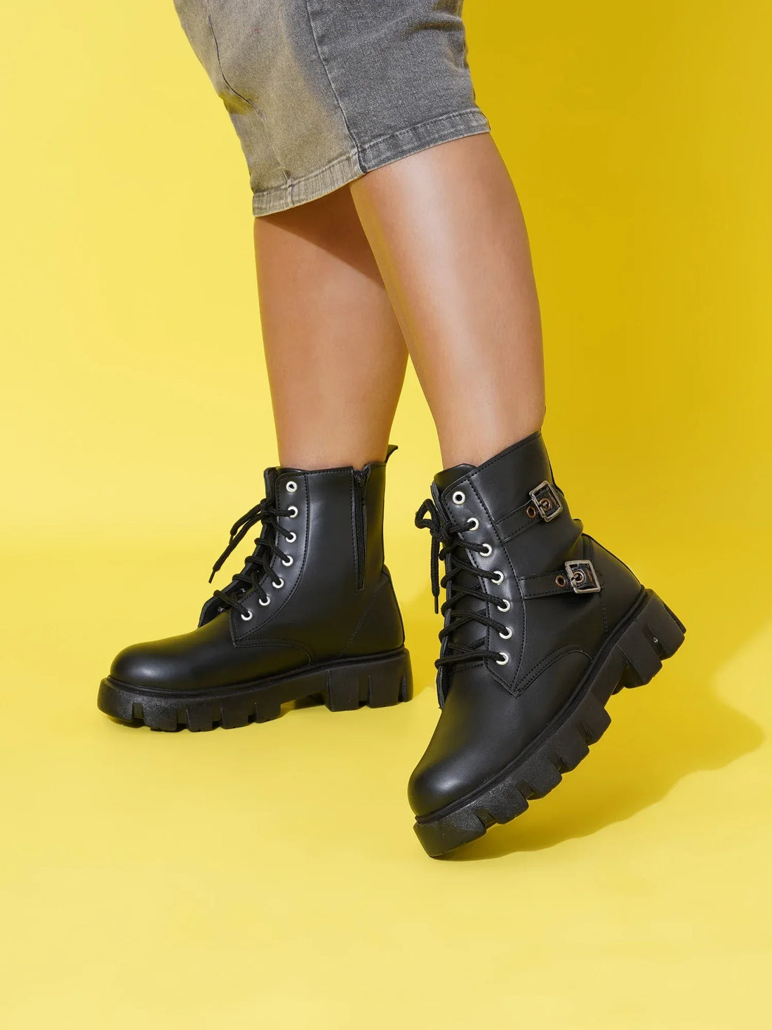 Chunky Sole Ankle Boots with Lace-Up and Buckle for Women