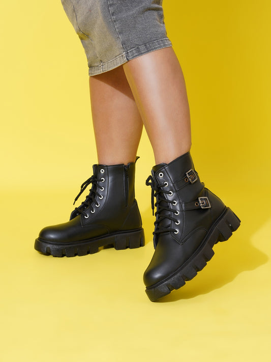 Chunky Sole Ankle Boots with Lace-Up and Buckle for Women