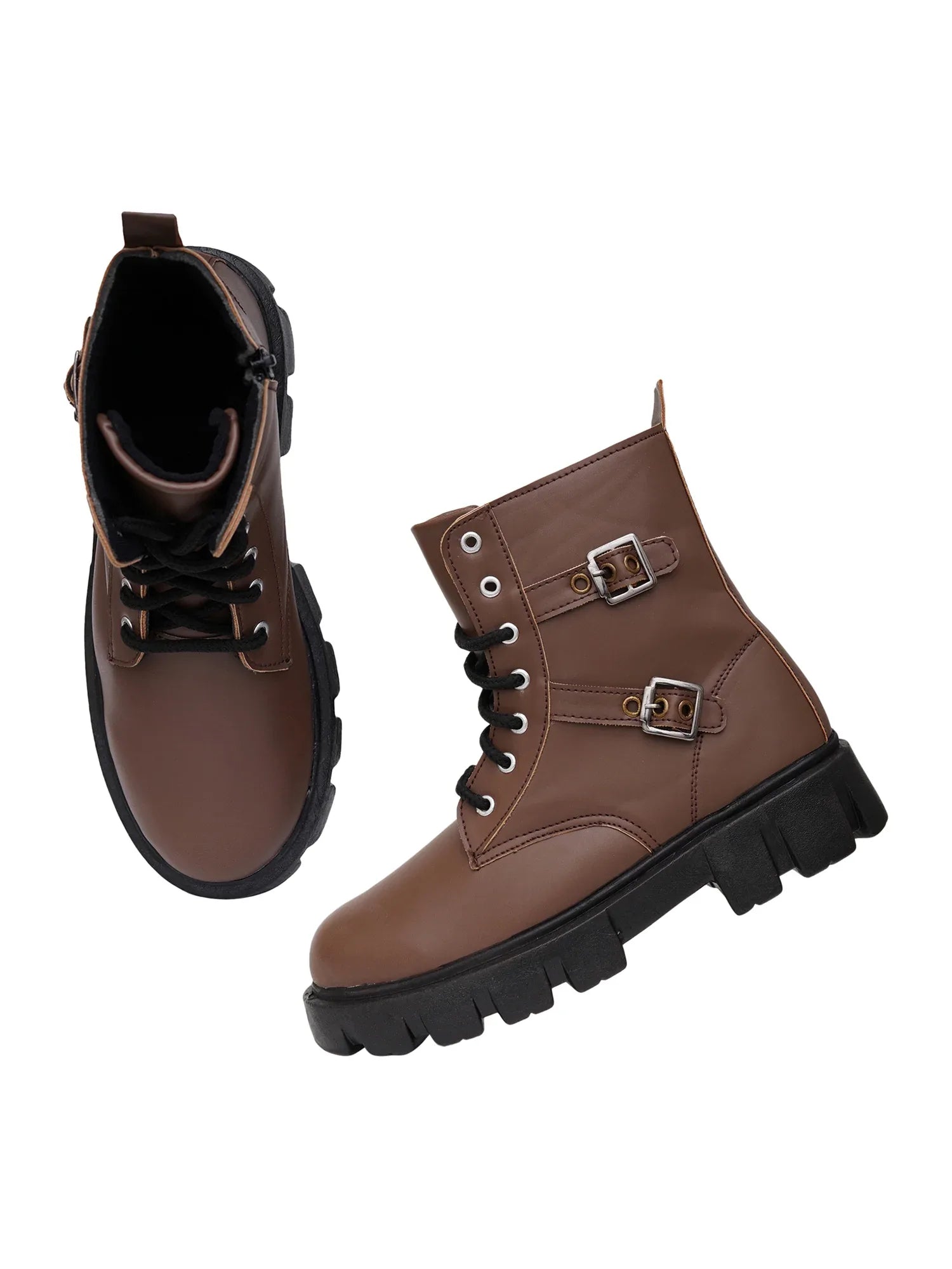 Chunky Sole Ankle Boots with Lace-Up and Buckle for Women