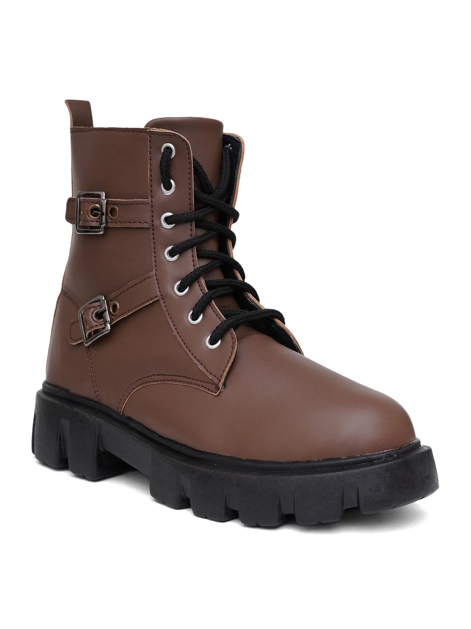 Chunky Sole Ankle Boots with Lace-Up and Buckle for Women