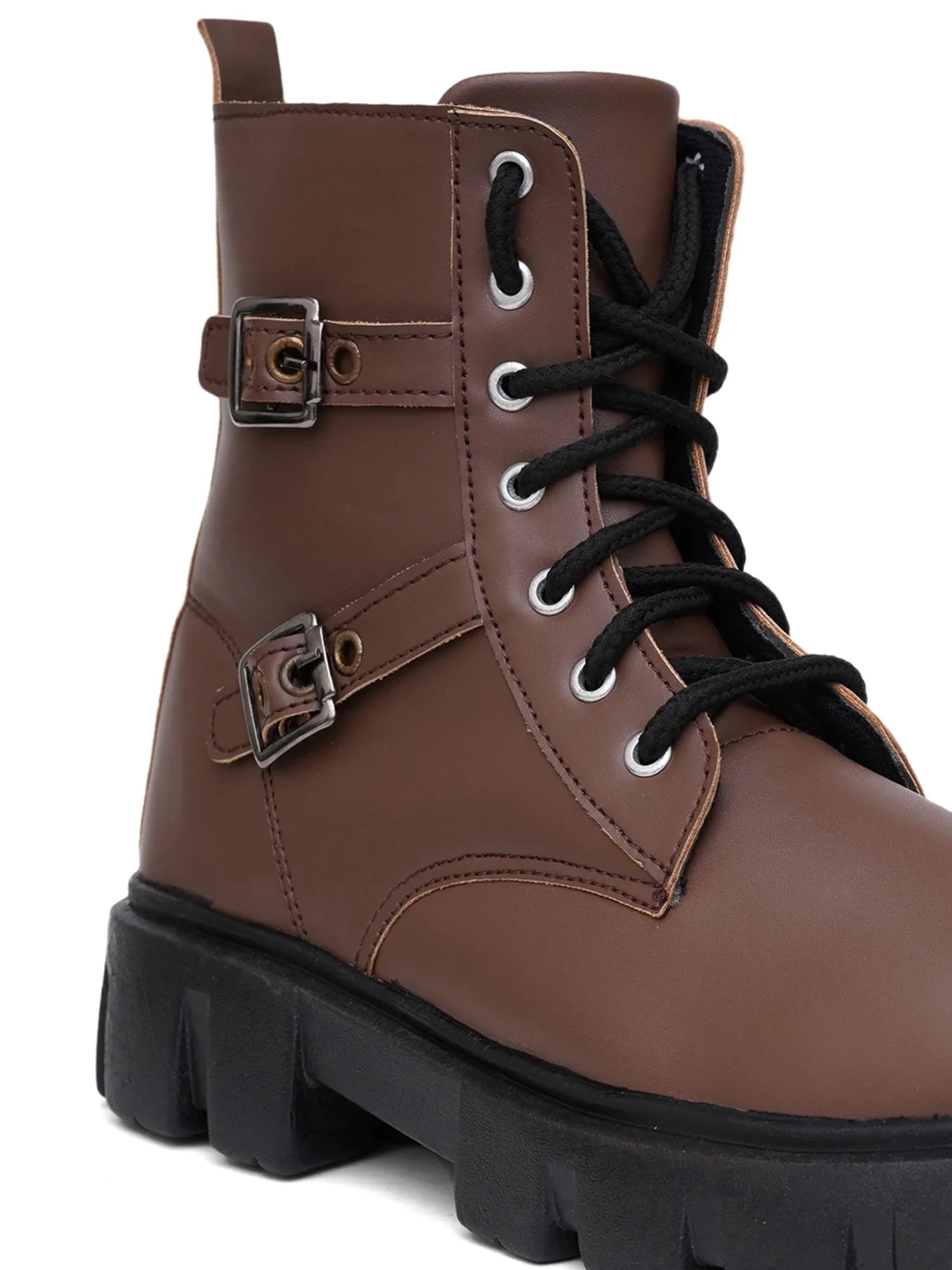 Chunky Sole Ankle Boots with Lace-Up and Buckle for Women