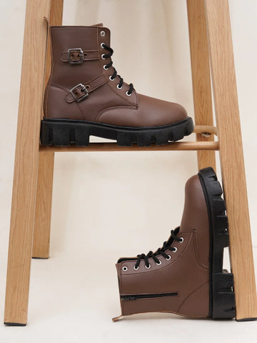 Chunky Sole Ankle Boots with Lace-Up and Buckle for Women
