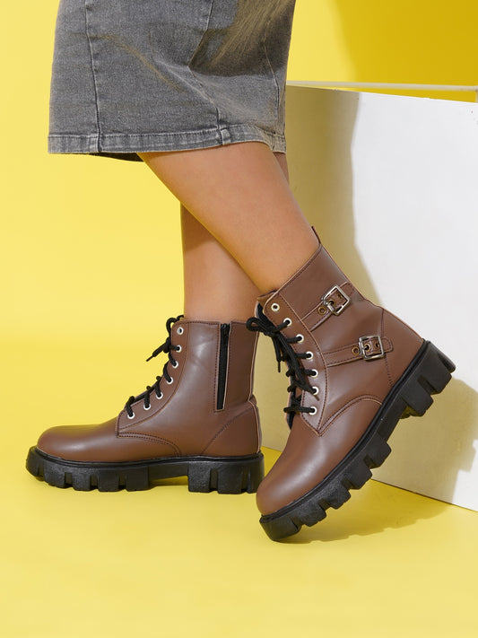 Chunky Sole Ankle Boots with Lace-Up and Buckle for Women