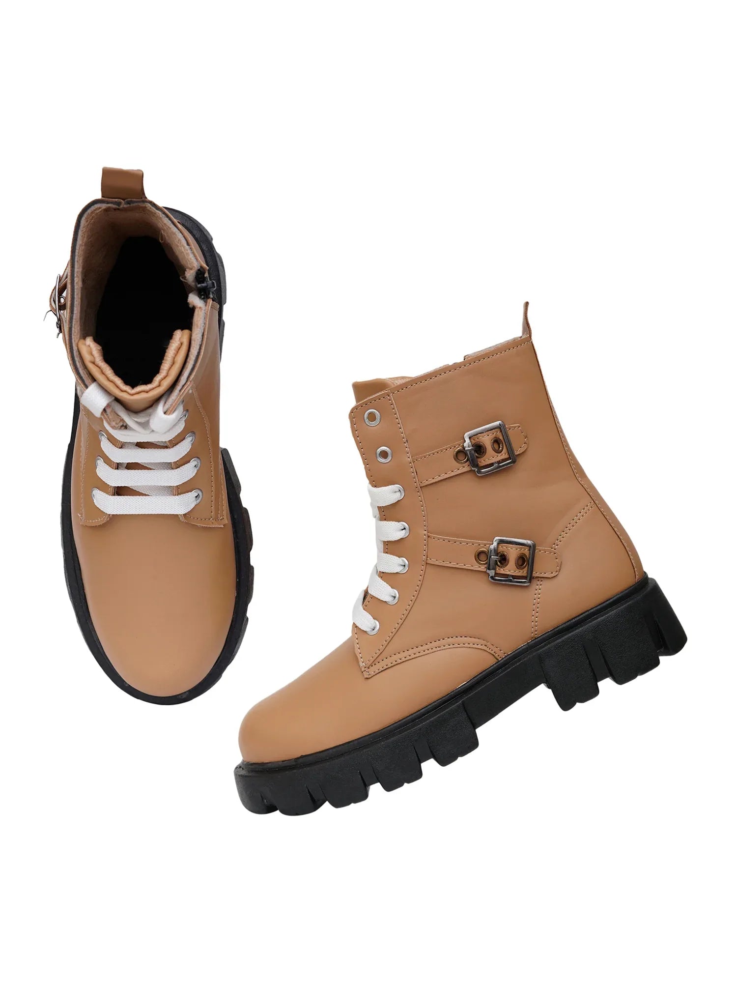 Chunky Sole Ankle Boots with Lace-Up and Buckle for Women