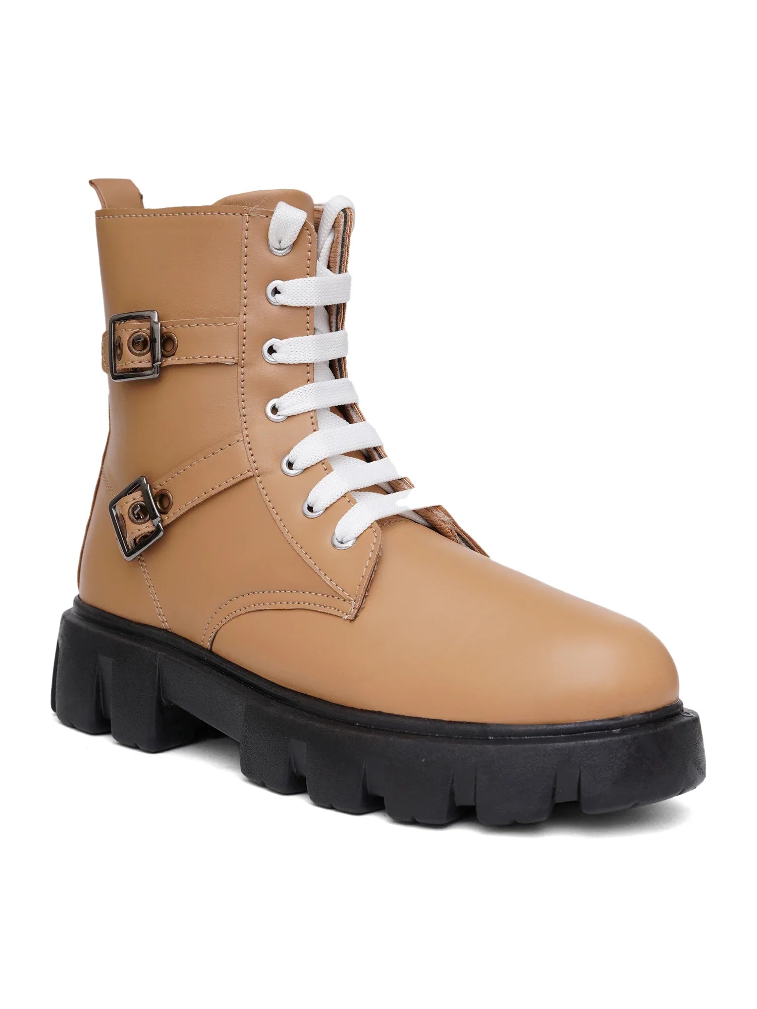 Chunky Sole Ankle Boots with Lace-Up and Buckle for Women