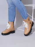 Chunky Sole Ankle Boots with Lace-Up and Buckle for Women