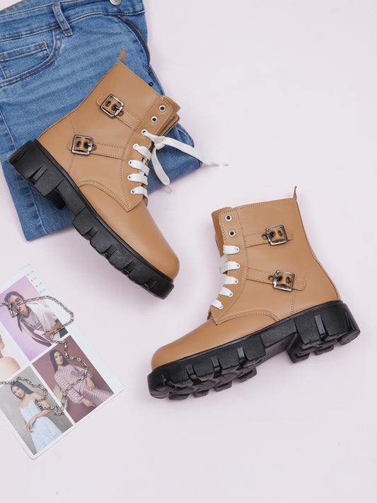 Chunky Sole Ankle Boots with Lace-Up and Buckle for Women