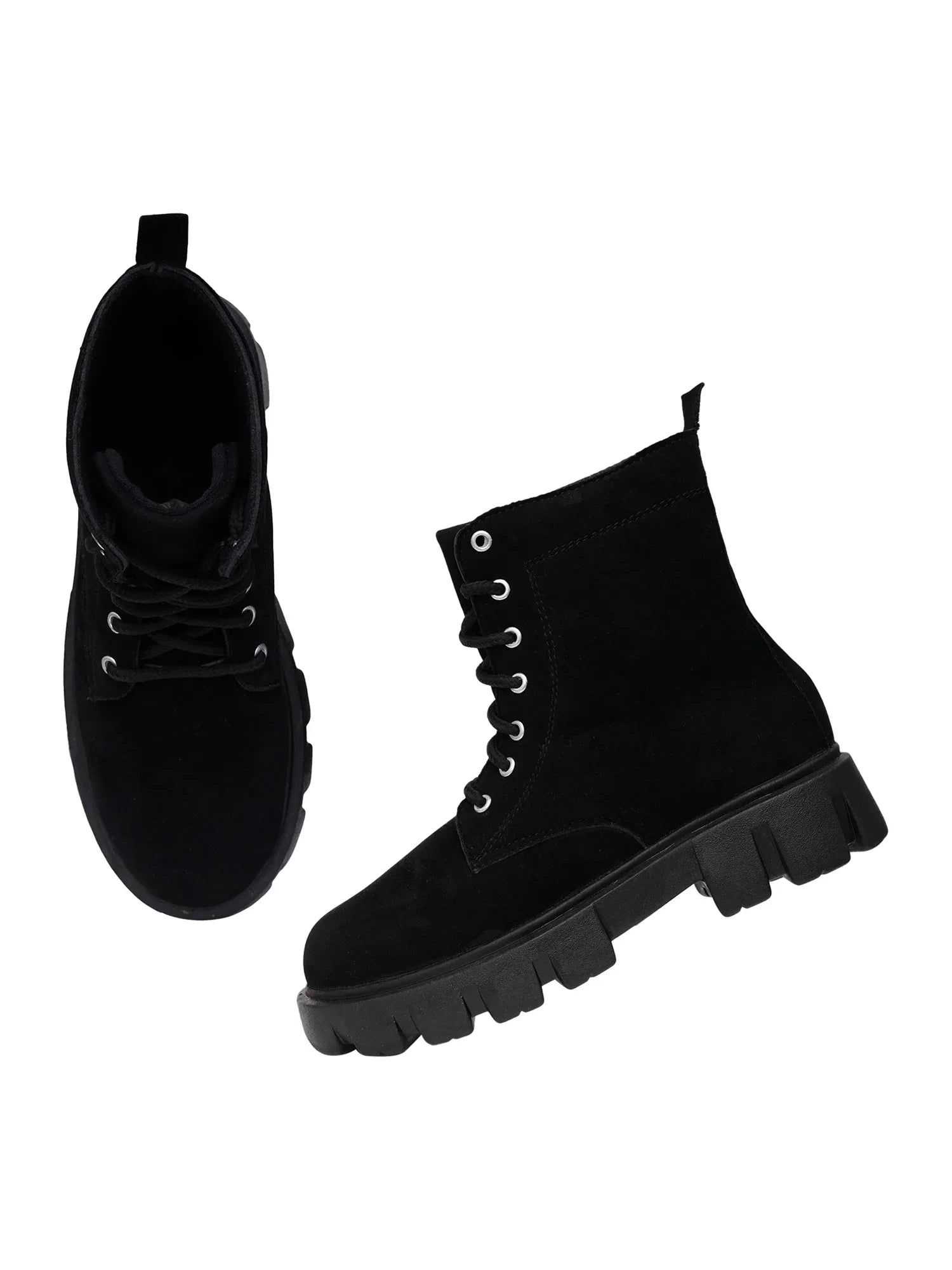 Black Chunky Sole Lace-Up Ankle Boots for Women