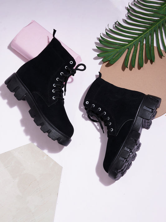 Black Chunky Sole Lace-Up Ankle Boots for Women