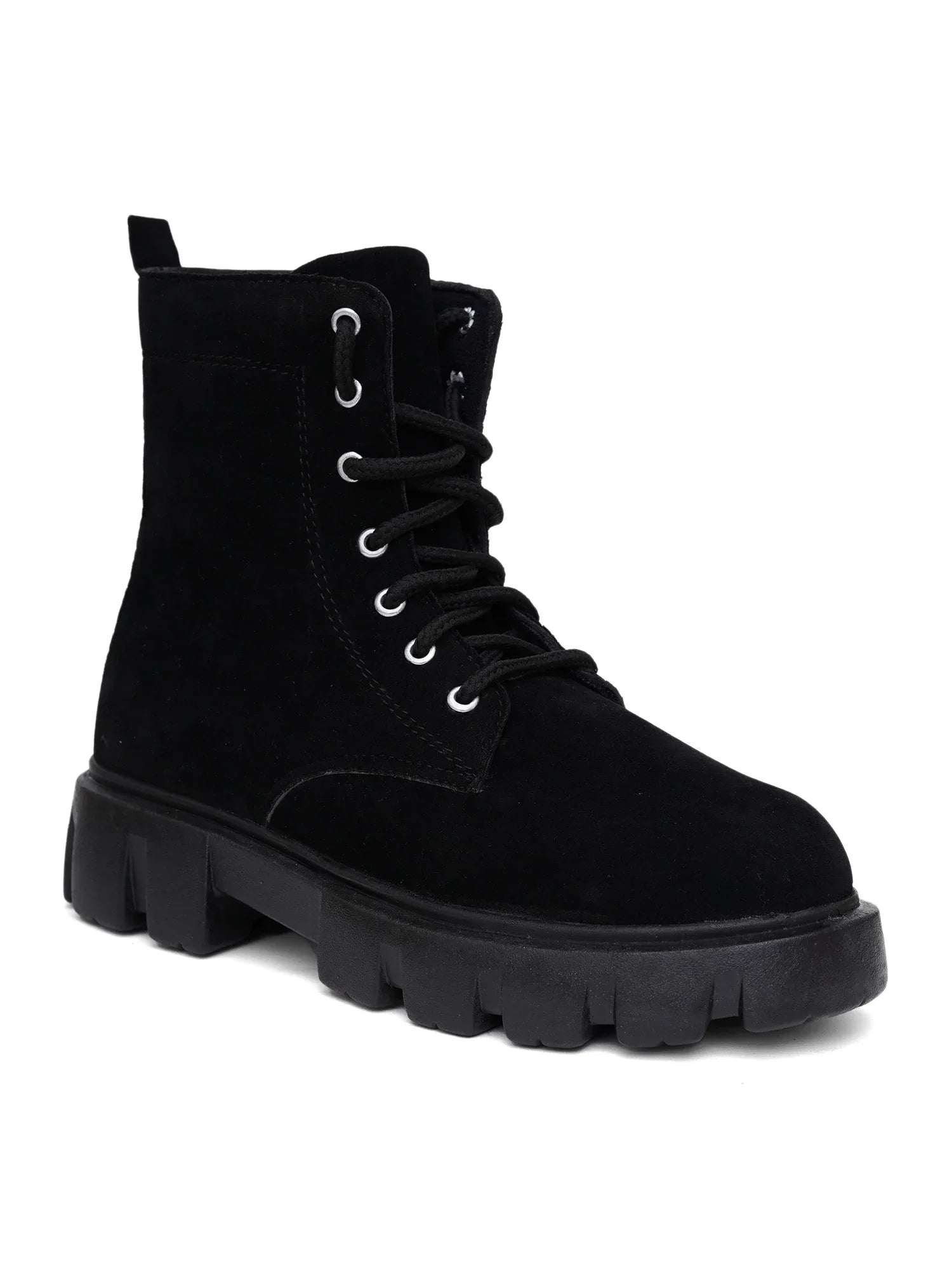 Black Chunky Sole Lace-Up Ankle Boots for Women