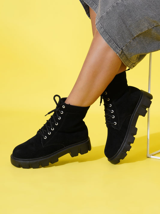 Black Chunky Sole Lace-Up Ankle Boots for Women