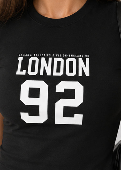 Fitted Sporty Graphic Crop T-Shirt – London 92 Print-Black