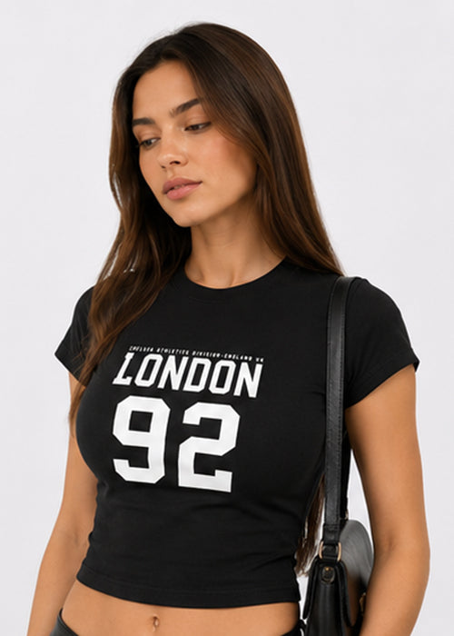Fitted Sporty Graphic Crop T-Shirt – London 92 Print-Black
