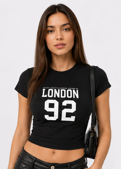 Fitted Sporty Graphic Crop T-Shirt – London 92 Print-Black