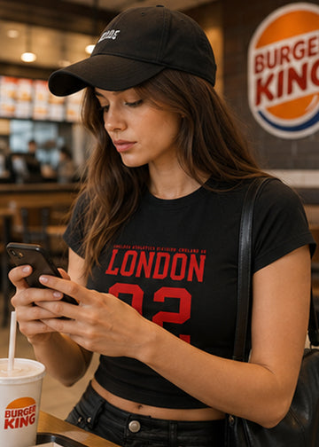 Fitted Sporty Graphic Crop T-Shirt – London 92 Print-black red