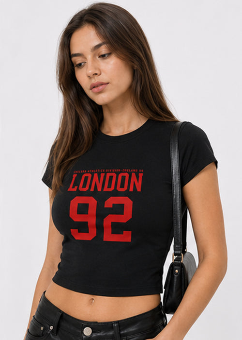 Fitted Sporty Graphic Crop T-Shirt – London 92 Print-black red