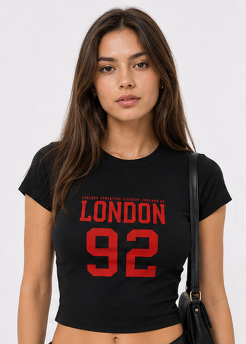 Fitted Sporty Graphic Crop T-Shirt – London 92 Print-black red