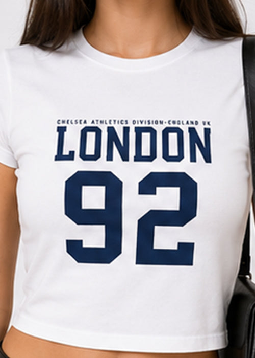 Fitted Sporty Graphic Crop T-Shirt – London 92 Print-White Blue