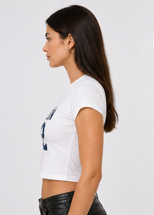 Fitted Sporty Graphic Crop T-Shirt – London 92 Print-White Blue