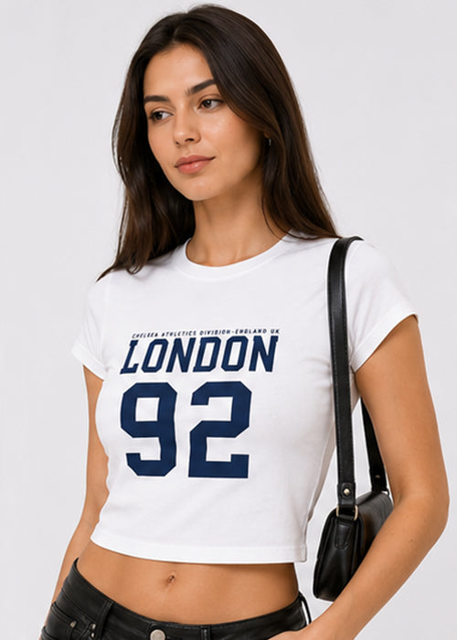 Fitted Sporty Graphic Crop T-Shirt – London 92 Print-White Blue