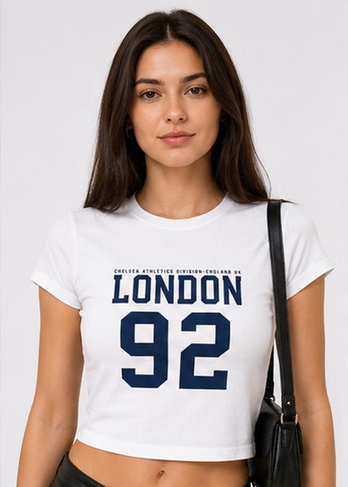 Fitted Sporty Graphic Crop T-Shirt – London 92 Print-White Blue