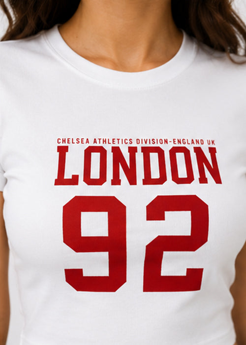 Fitted Sporty Graphic Crop T-Shirt – London 92 Print- White Red