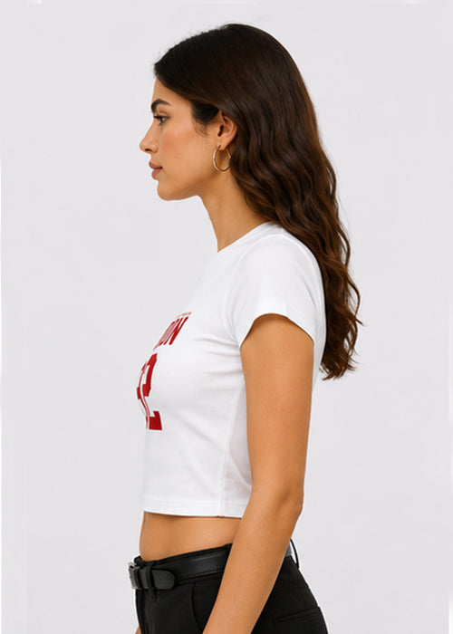 Fitted Sporty Graphic Crop T-Shirt – London 92 Print- White Red