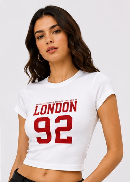 Fitted Sporty Graphic Crop T-Shirt – London 92 Print- White Red