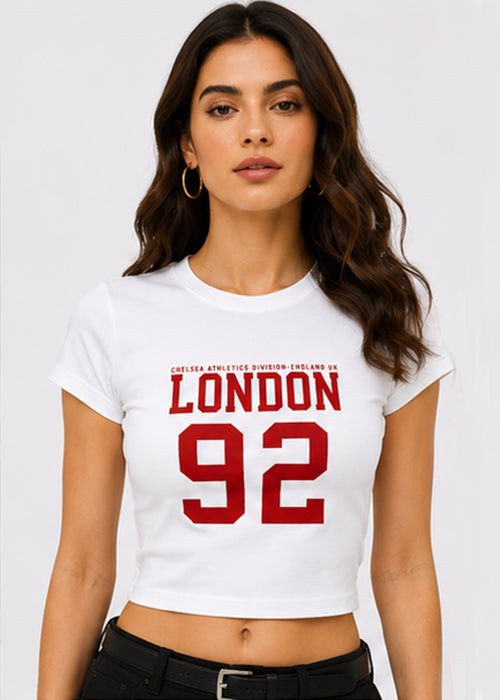 Fitted Sporty Graphic Crop T-Shirt – London 92 Print- White Red