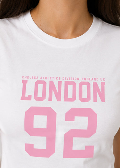 Fitted Sporty Graphic Crop T-Shirt – London 92 Print-White Pink