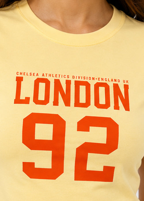 Fitted Sporty Graphic Crop T-Shirt – London 92 Print-Yellow