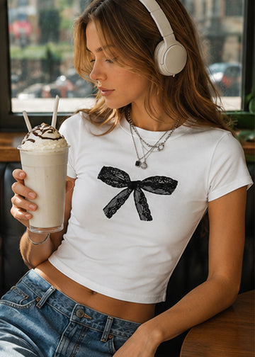 Women's White Cropped T-Shirt with Black Lace Bow Graphic