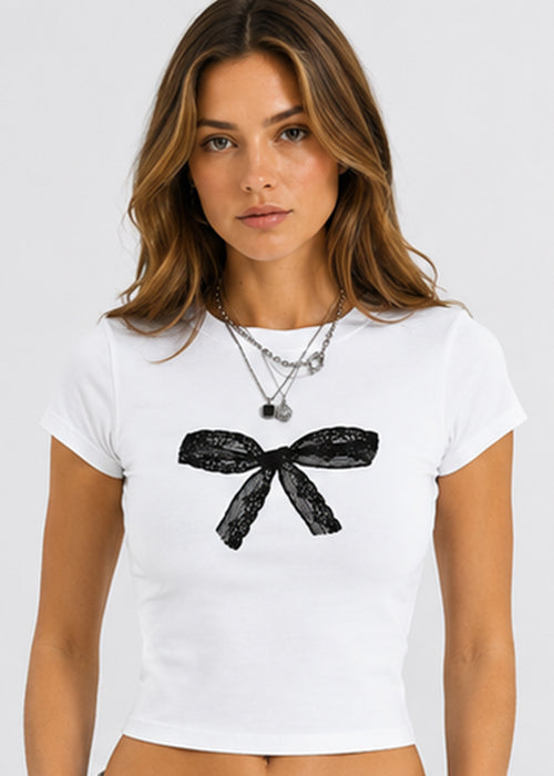 Women's White Cropped T-Shirt with Black Lace Bow Graphic