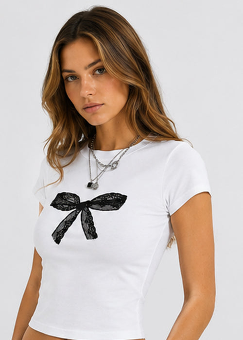Women's White Cropped T-Shirt with Black Lace Bow Graphic