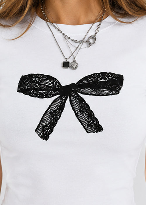 Women's White Cropped T-Shirt with Black Lace Bow Graphic