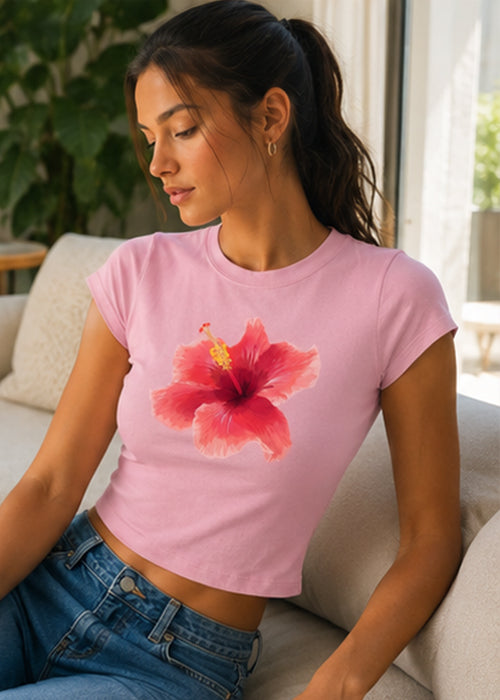 Hibiscus Floral Graphic Slim Fit Crop Top – Pink
