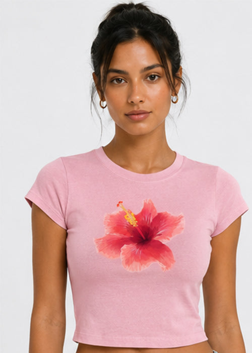 Hibiscus Floral Graphic Slim Fit Crop Top – Pink