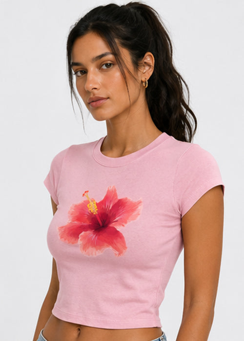 Hibiscus Floral Graphic Slim Fit Crop Top – Pink