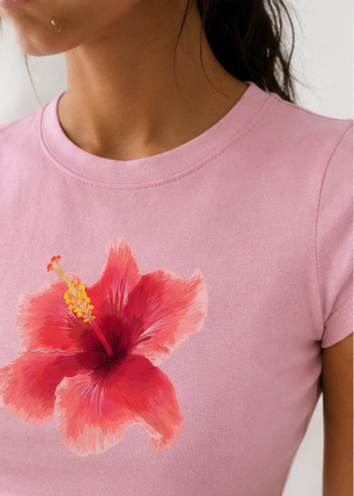 Hibiscus Floral Graphic Slim Fit Crop Top – Pink