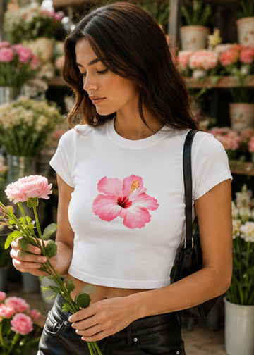 Hibiscus Floral Graphic Slim Fit Crop Top – White