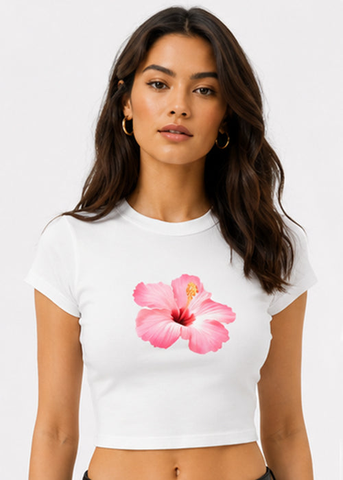 Hibiscus Floral Graphic Slim Fit Crop Top – White