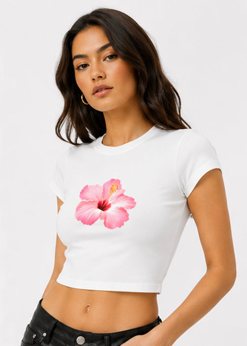 Hibiscus Floral Graphic Slim Fit Crop Top – White