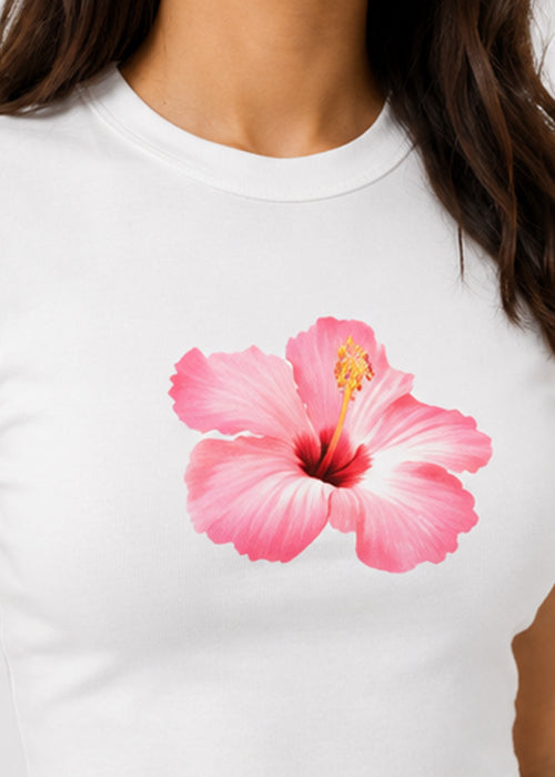 Hibiscus Floral Graphic Slim Fit Crop Top – White
