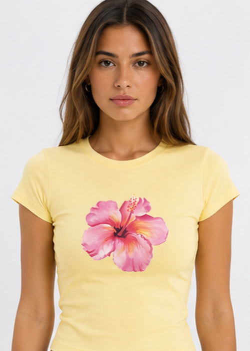 Hibiscus Floral Graphic Slim Fit Crop Top – Yellow