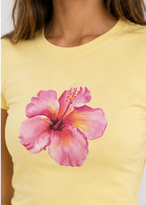 Hibiscus Floral Graphic Slim Fit Crop Top – Yellow