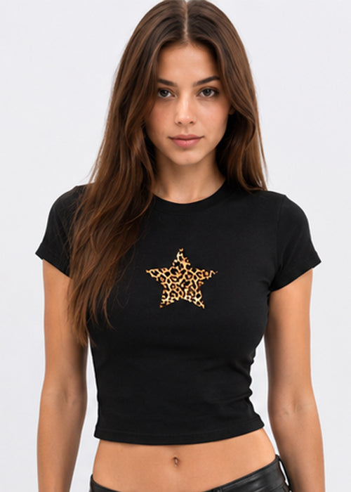 Leopard Star Graphic Slim Fit Crop Top – Black