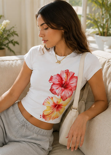 Tropical Hibiscus Floral Graphic Slim Fit Crop Top – White