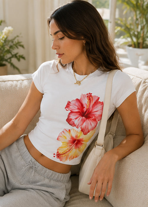 Tropical Hibiscus Floral Graphic Slim Fit Crop Top – White