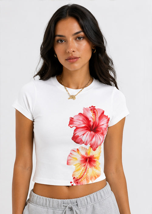 Tropical Hibiscus Floral Graphic Slim Fit Crop Top – White