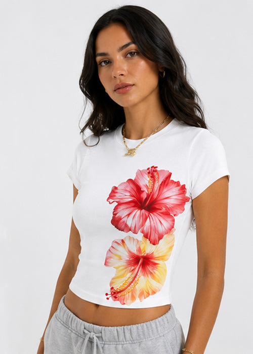 Tropical Hibiscus Floral Graphic Slim Fit Crop Top – White